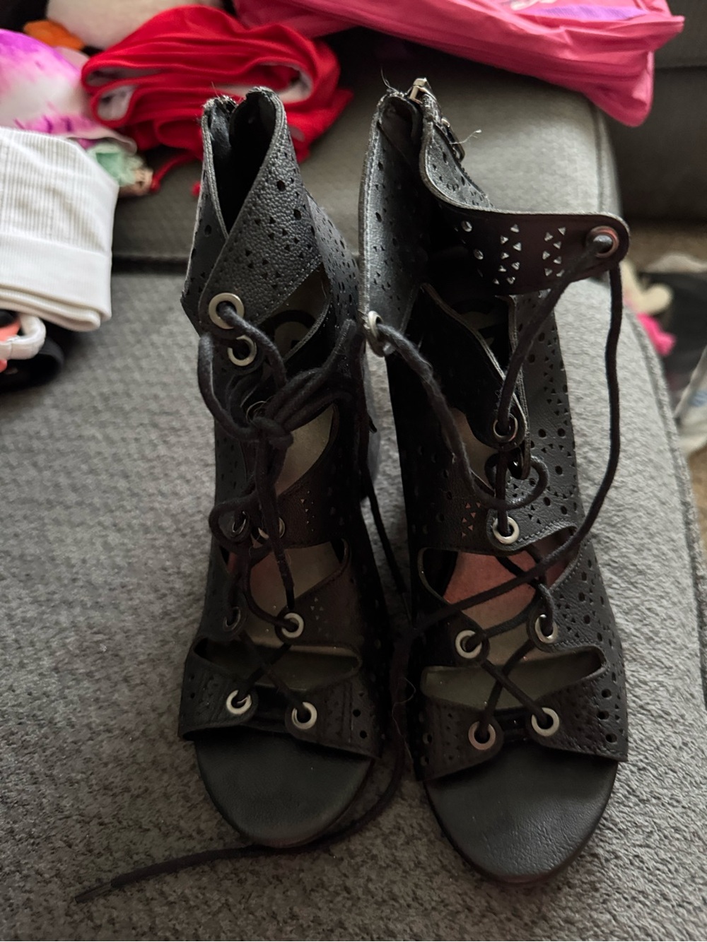 Guess Black Lace-Up Perforated High-Heel Sandals
